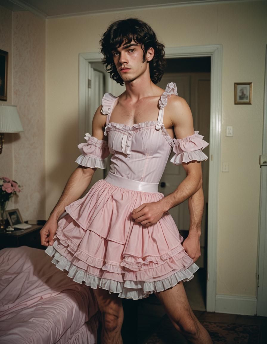 Masculine Man Crossdressing in Frilly Dress: Cinematic Film ...