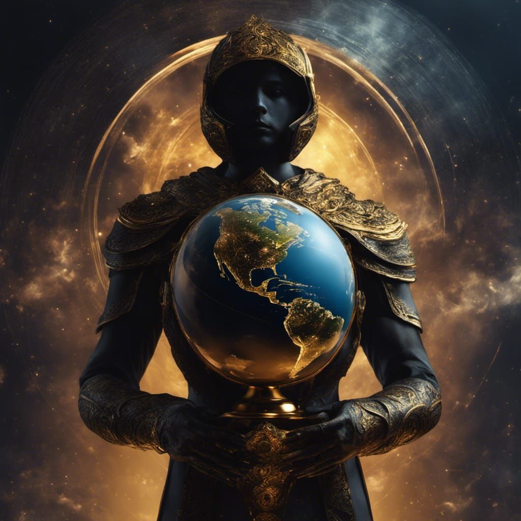 Ethereal Figure with Earth Trophy in Cosmic Scene