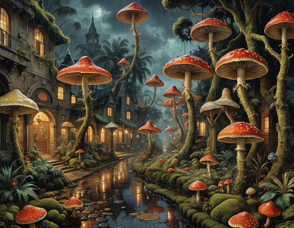 Gothic Surreal Night Scene with Giant Mushrooms
