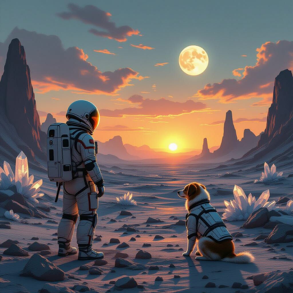 Astronaut and Dog Explore Alien World with Binary Sunset