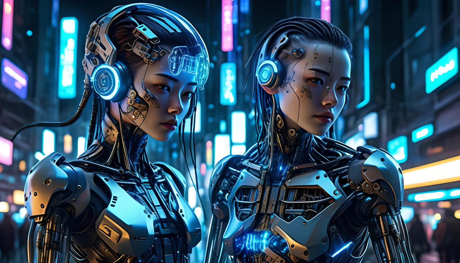 Cyberpunk Woman with Transparent Flesh in Neon Cityscape