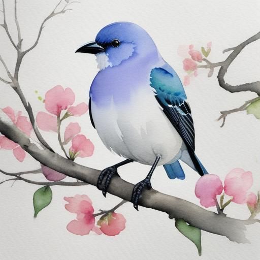 Minimalist Watercolor Bird on Flowering Branch