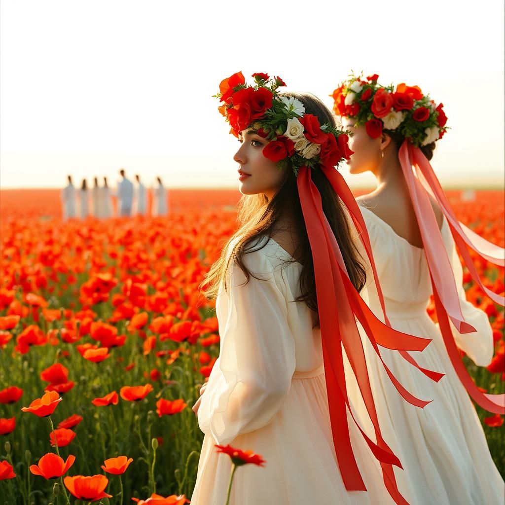 Poppy Field with Figures in White, Dreamlike Aesthetic