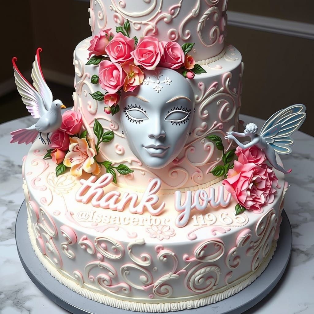 six foot wide cake with elaborate decorations "thank you @Issacreator1965" is painted in 3d printed icing. with a white ...