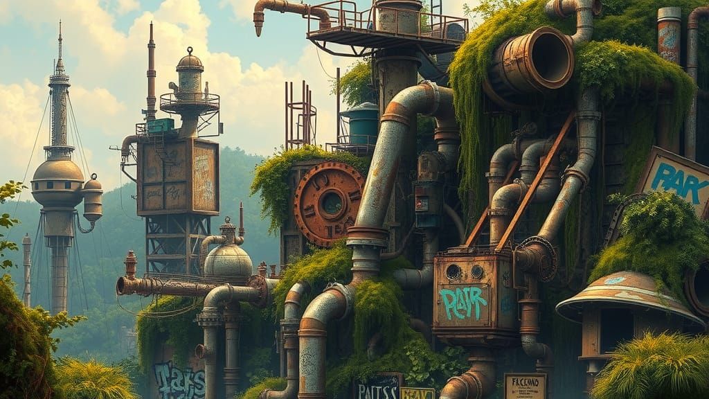 Decaying Jungle Metropolis in Comic Art Style