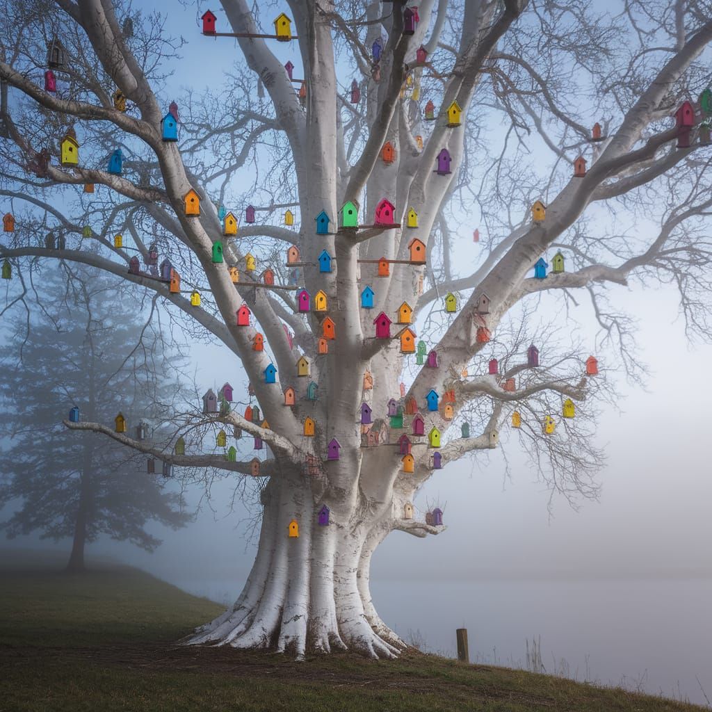 Foggy Moor Birch Tree with Rainbow Birdhouses