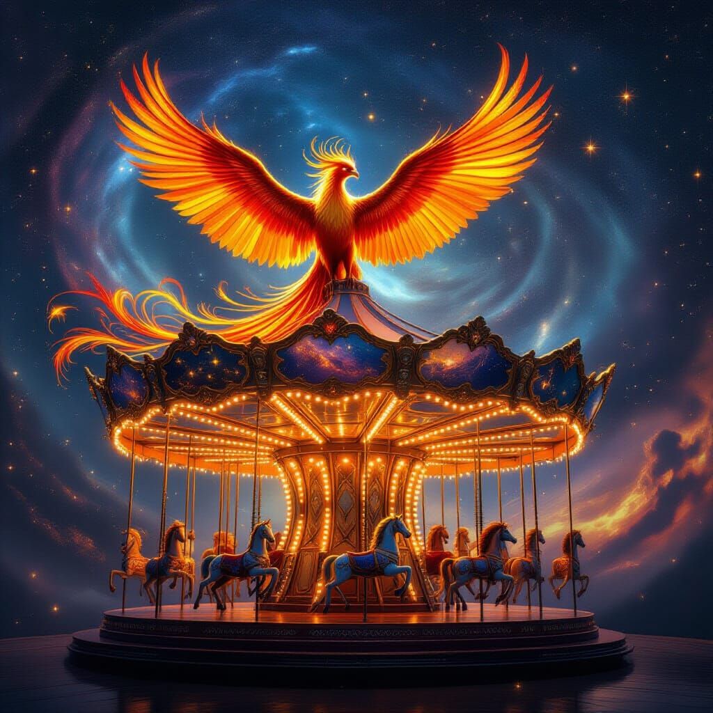 Majestic Phoenix on Celestial Carousel in Cosmic Galaxy