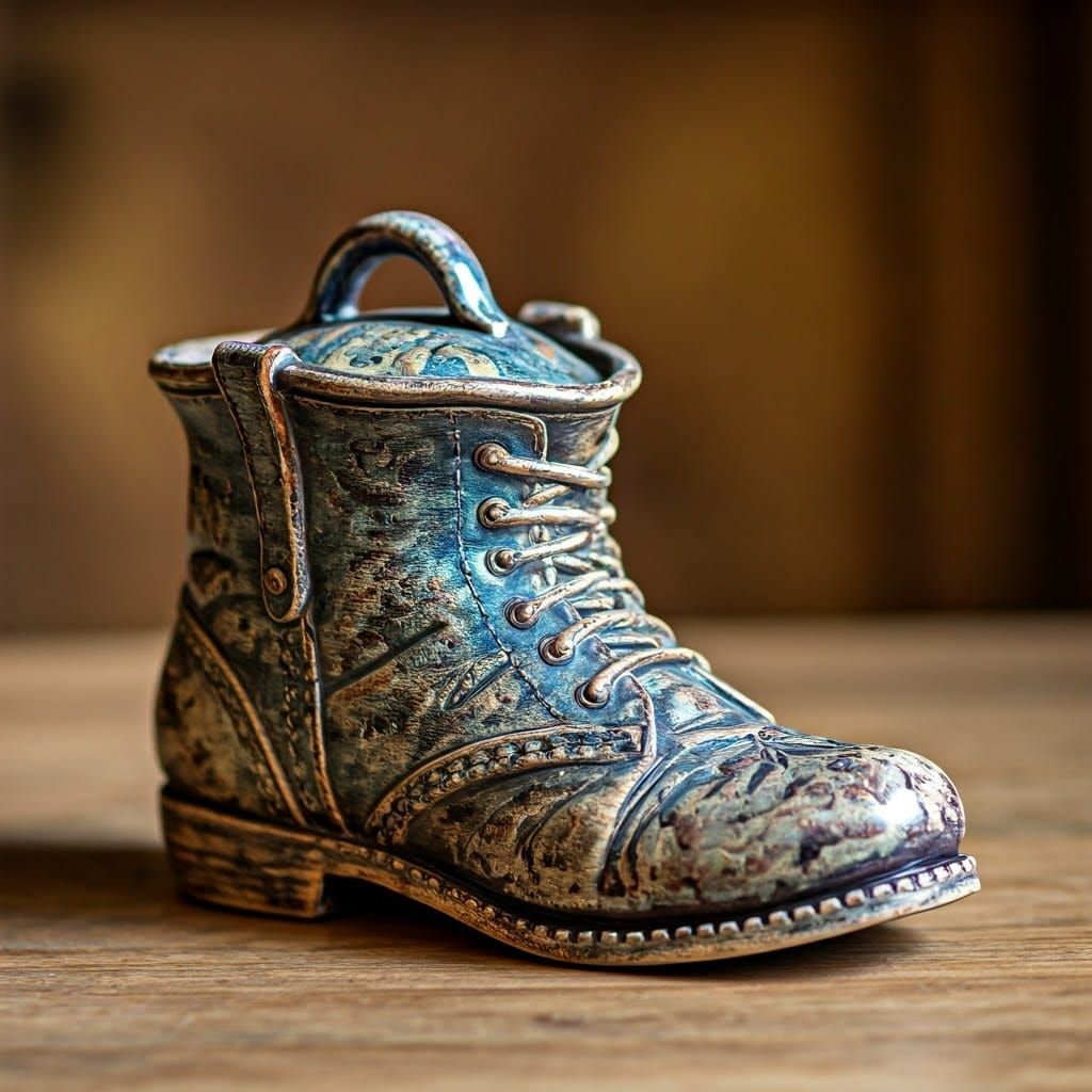 Whimsical ceramic tureen with lid in the shape of an old boot