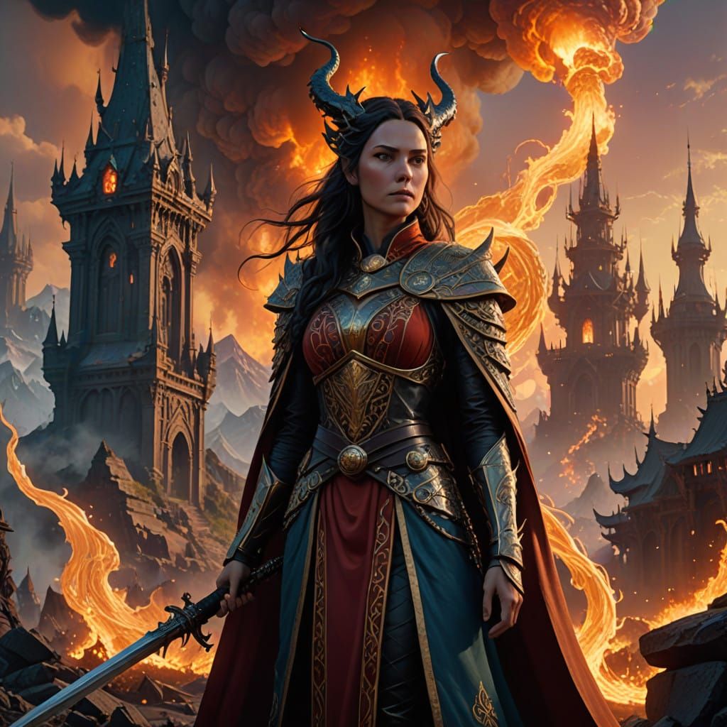 Fantasy Sorceress Queen Soluette Standing Amidst Burning Kin...