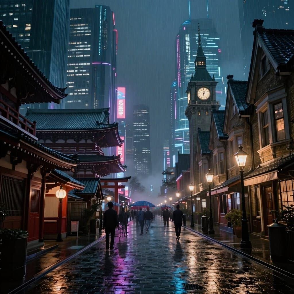 Cyberpunk Noir Cityscape with Tokyo & London Fusion