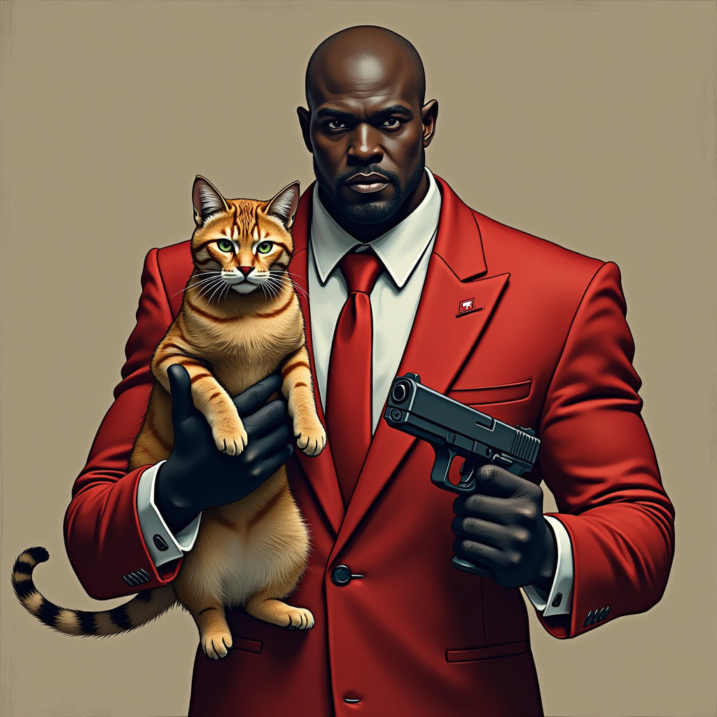 Man in Red Suit Holding Cat and Gun