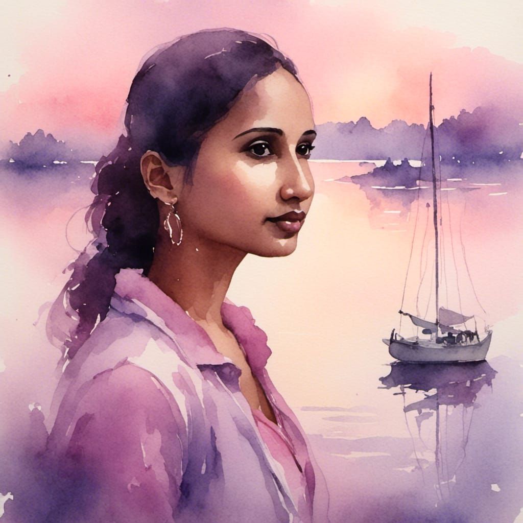 Ethereal Watercolour Portrait with Distant Sailboat