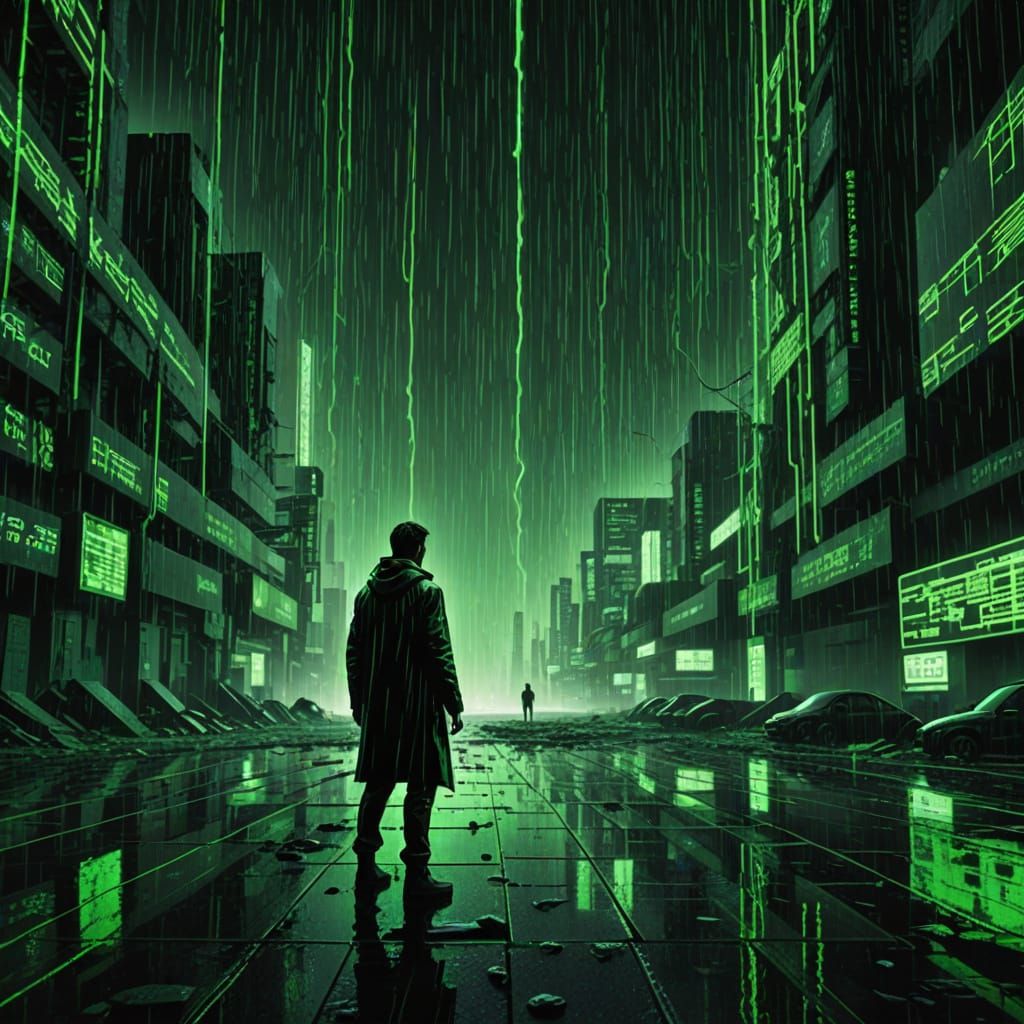 Lone Figure in Digital Matrix Landscape