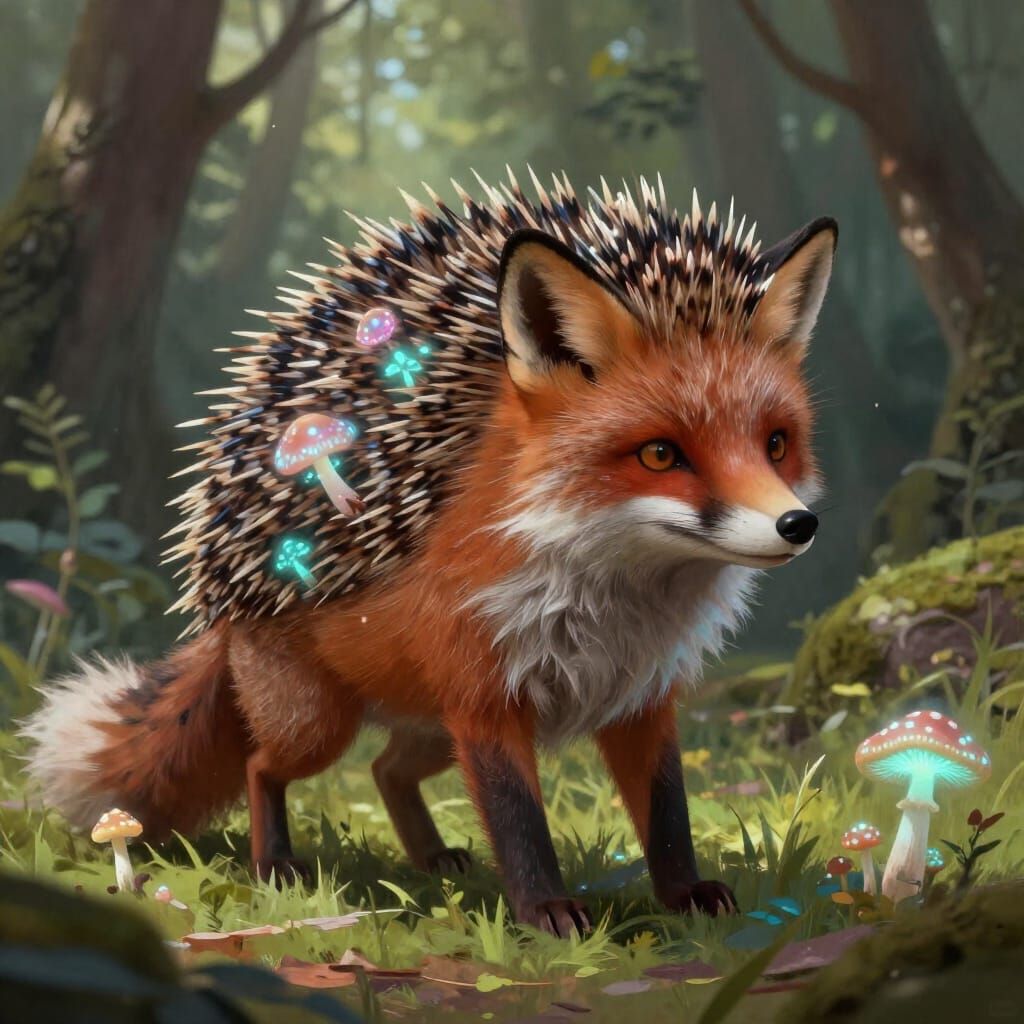 Fox-Hedgehog Chimera in Bioluminescent Forest