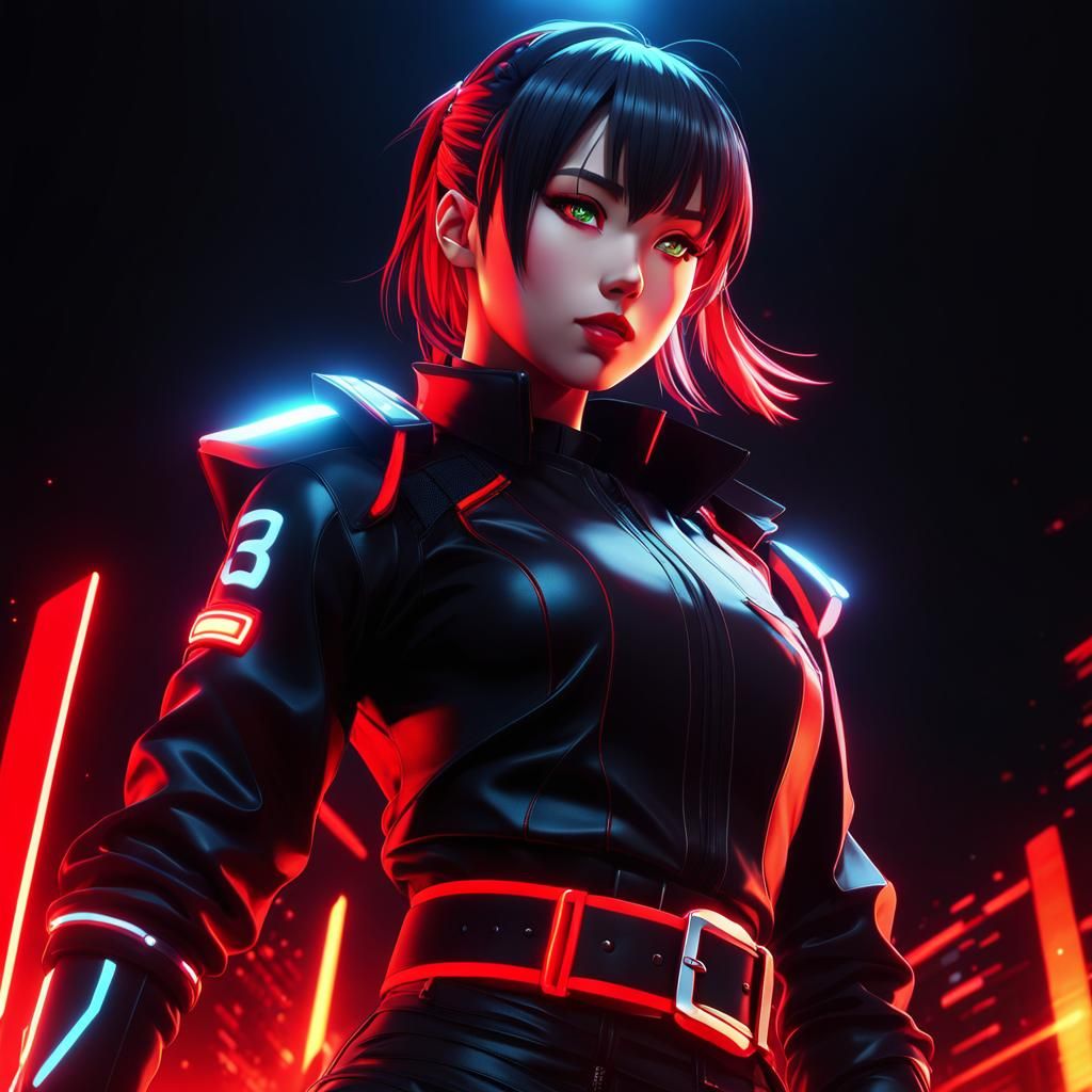 Anime Woman in Black Outfit with Red Belt