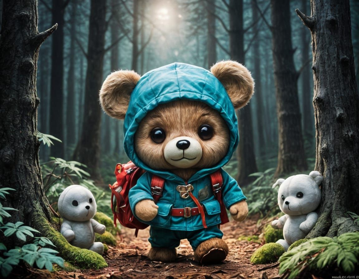 Chibi Teddy Bear Backpacker in Haunted Forest