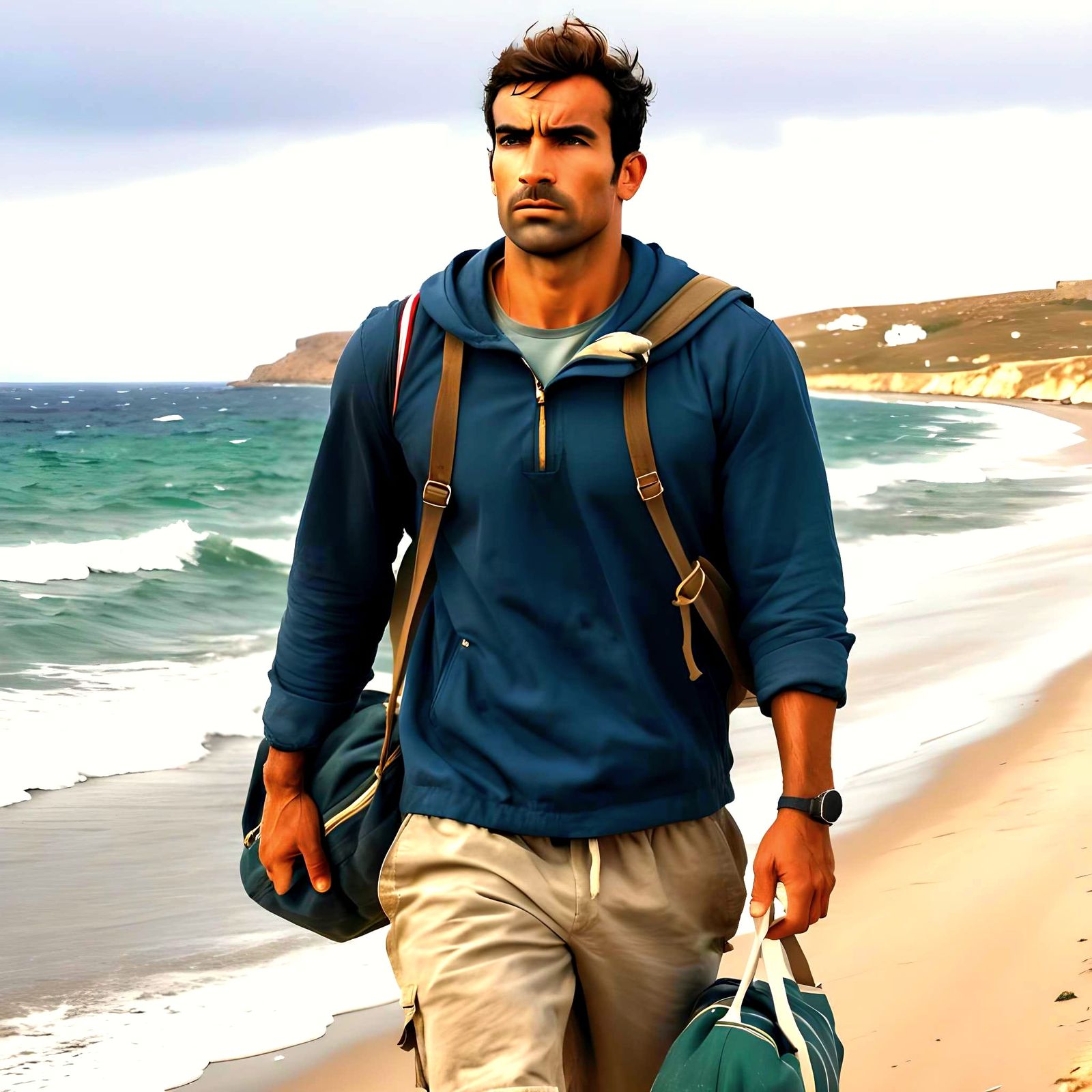 Greek Man Walking on Seaside Road in Gale
