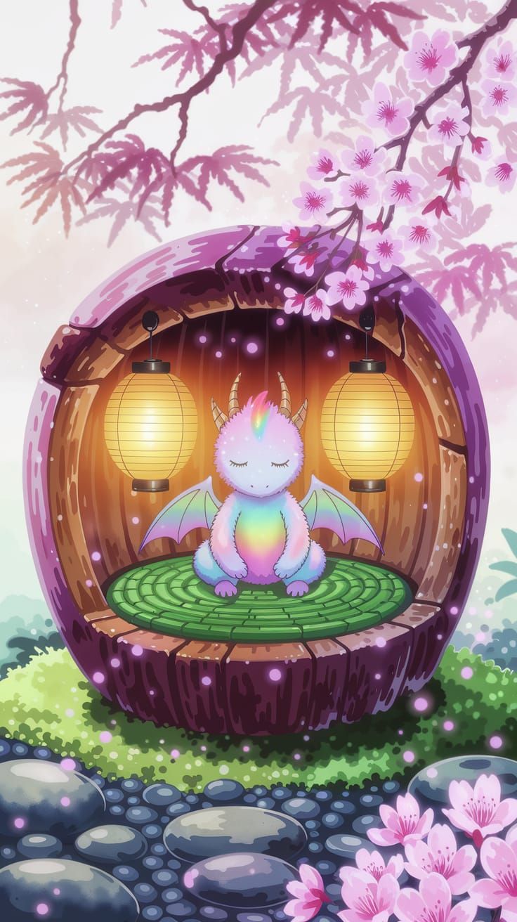 Rainbow Dragon Meditating in Zen Garden, Anime Watercolor