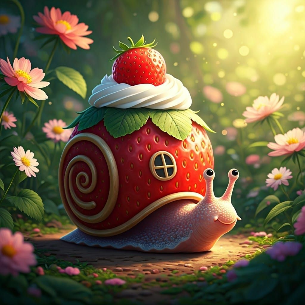 Whimsical Strawberry Snail in Enchanted Garden