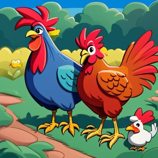 Lovable Chicken Couple Strolls Through a Vibrant Park