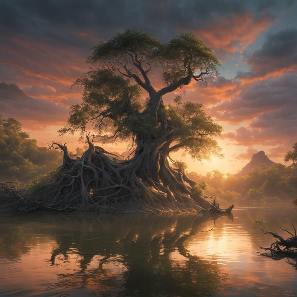 Dreamlike Sunset on the Orinoco River in Hyper-Realistic Sty...