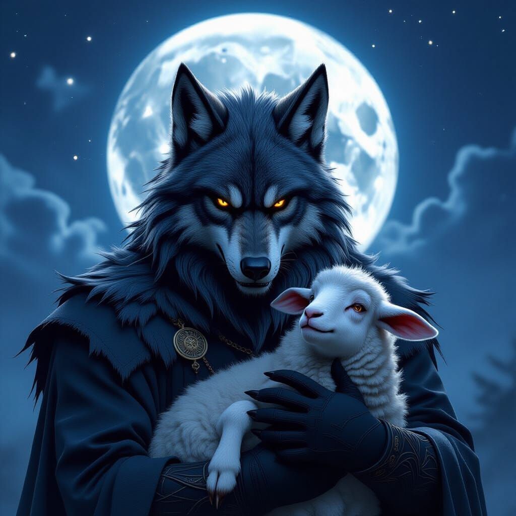 Werewolf Holding Lamb Under Full Moon