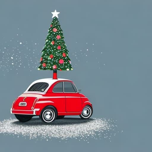 Fiat 500 with Christmas Tree: Hand-Drawn Illustration