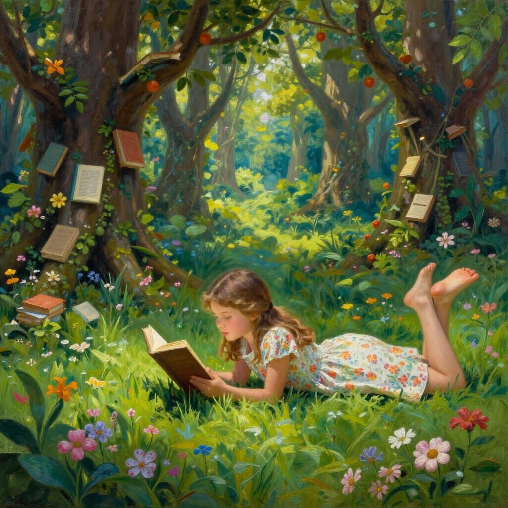 Girl Reads in Magical Forest with Growing Books