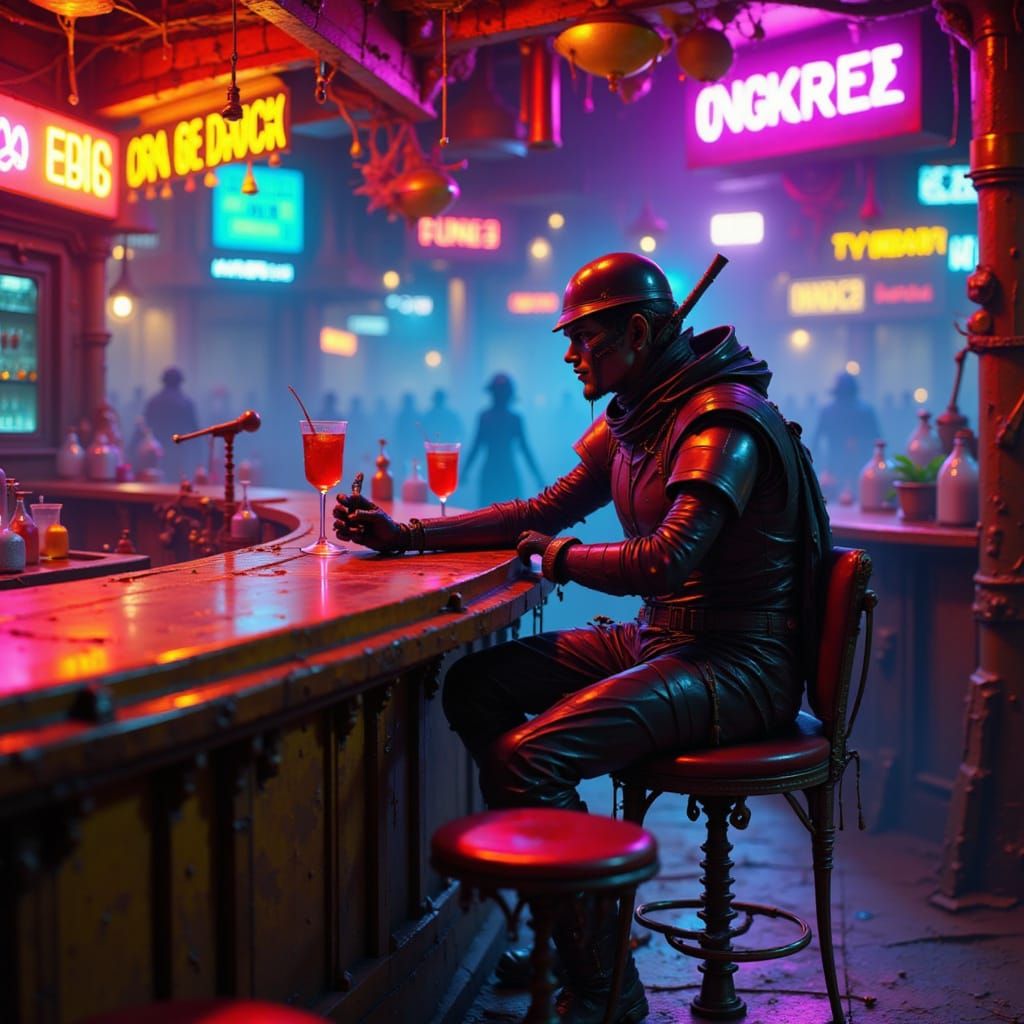 Lone Space Cowboy at Neon Bar in Cyberpunk Style