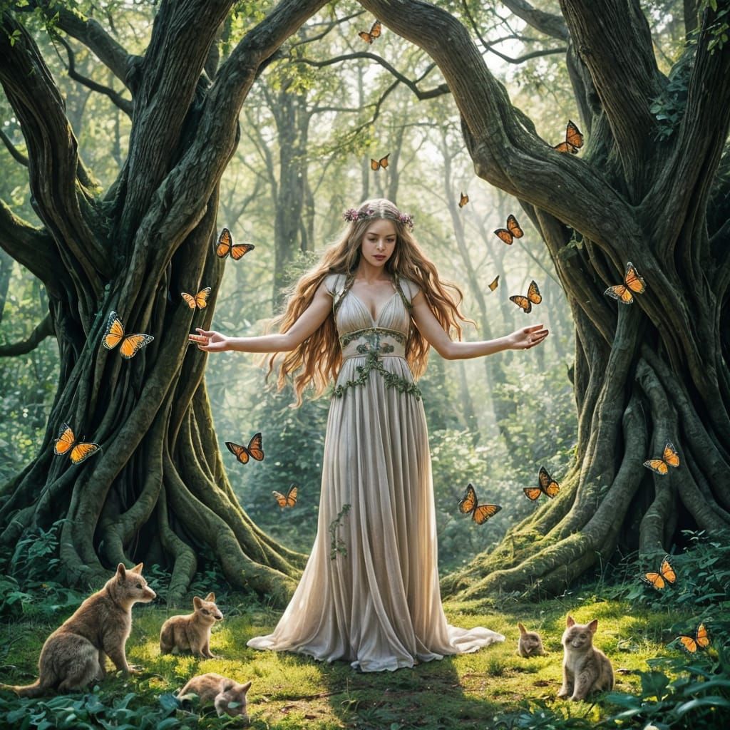 Enchanted Woodland Goddess in Whimsical Fantasy Style