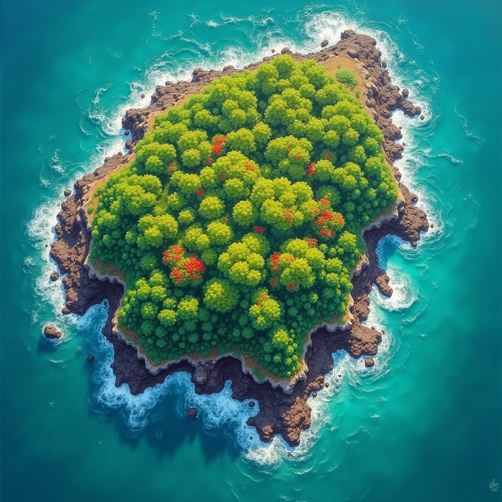 Lush Island in Turquoise Sea: Gouache Impressionist Style