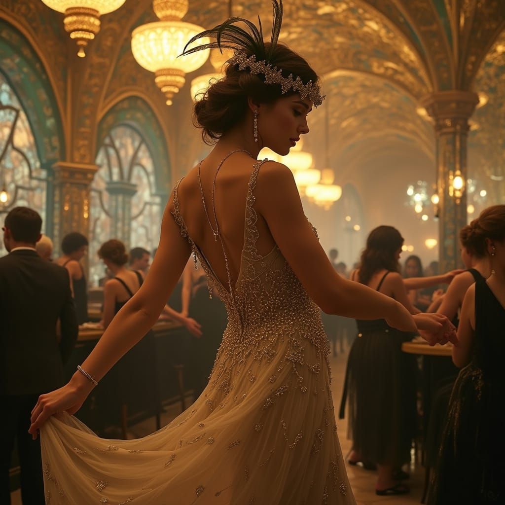 A young woman dancing in an Art Nouveau saloon