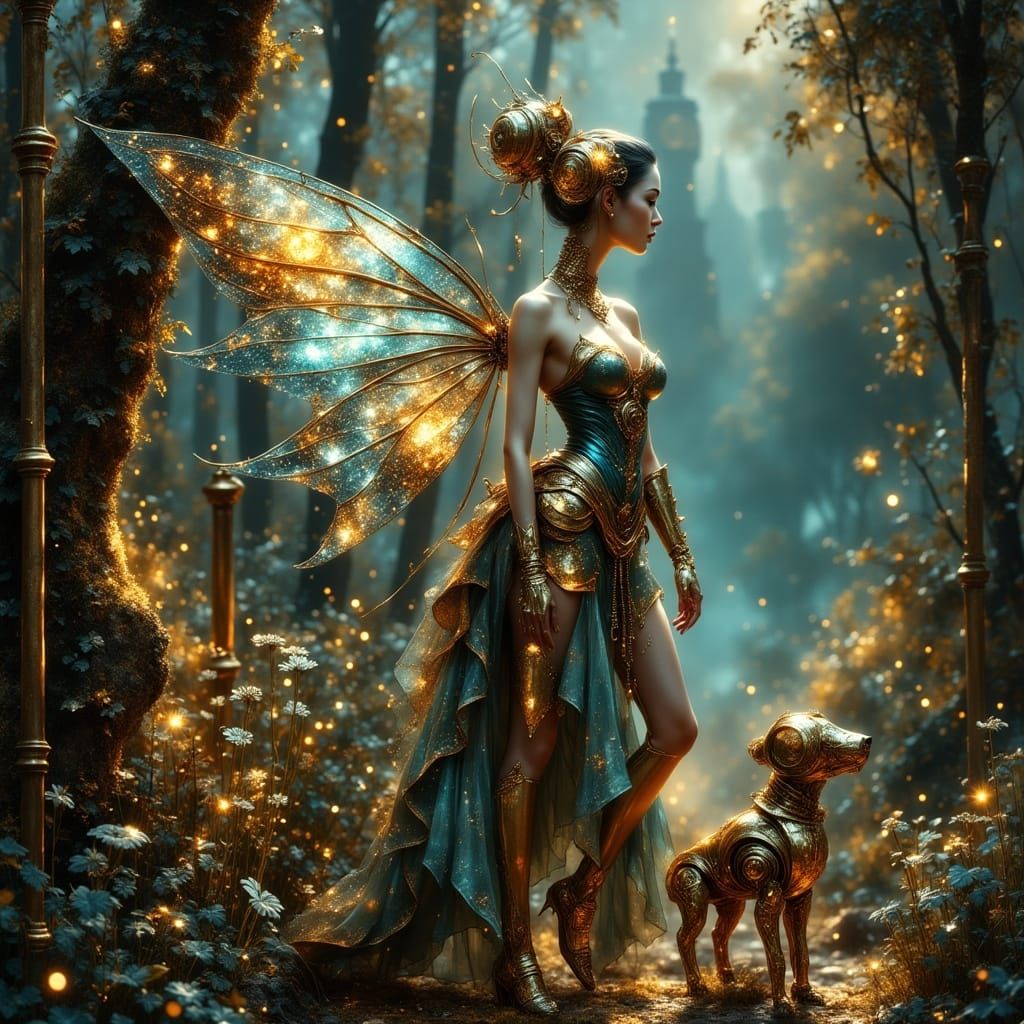 Steampunk Fairy with Mechanical Dog in Industrial Twilight