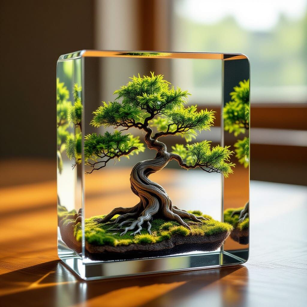 Photorealistic Glass Paperweight with Miniature Oak Tree