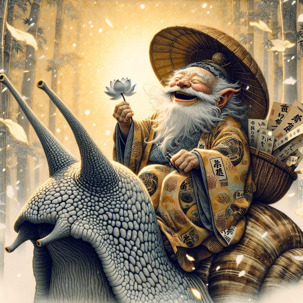 Gremlin on Snail in Ukiyo-e Style