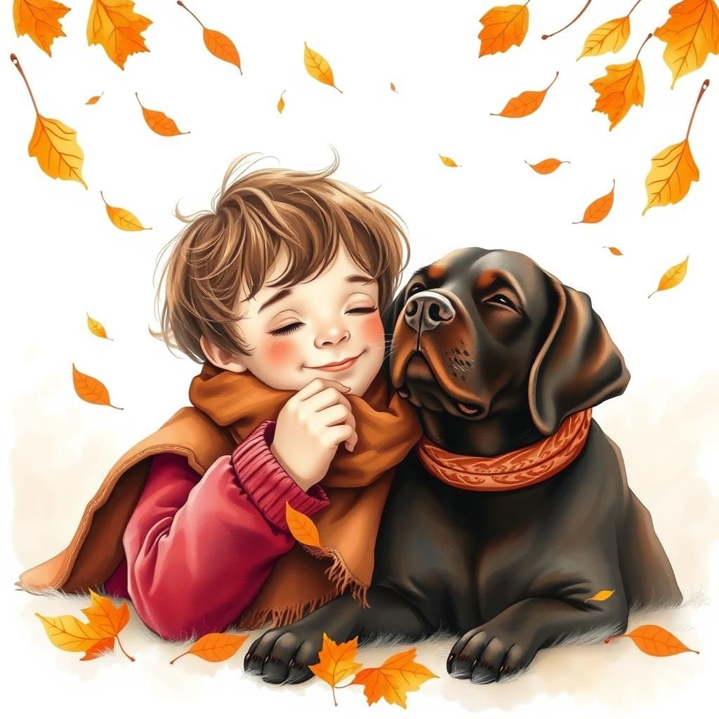 Child and Chocolate Lab in Whimsical Autumn Scene