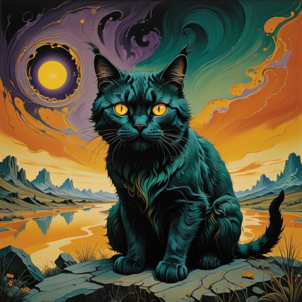 Menacing Fluffy Orange Monster Cat in Dark Surreal Landscape