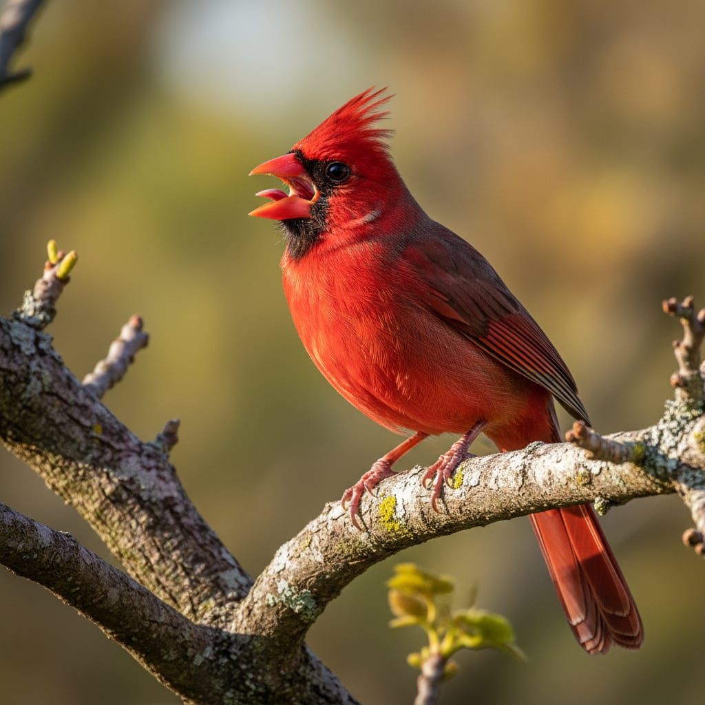 Male Cardinal Calls For Mate in Pecan Orchard