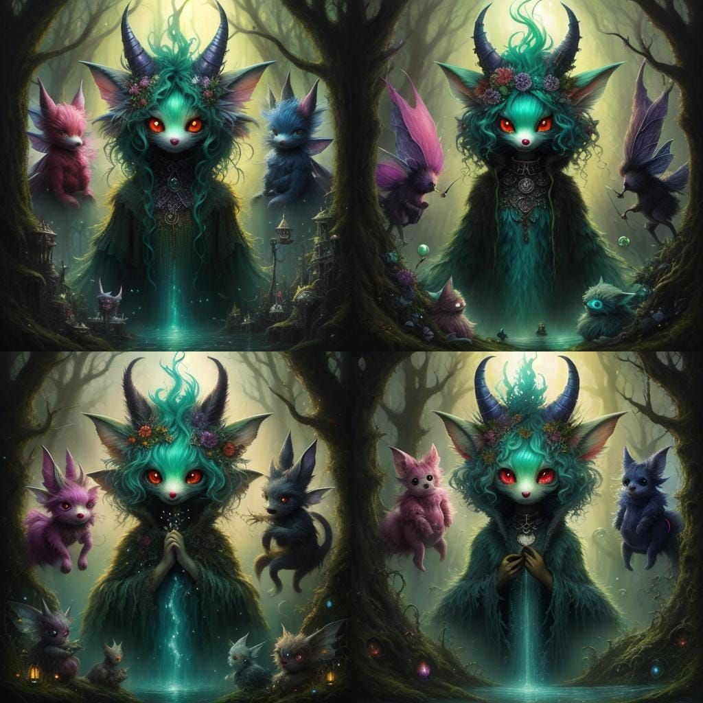 Creepy Cute Monster Fairy Creatures in Alcohol Ink Style