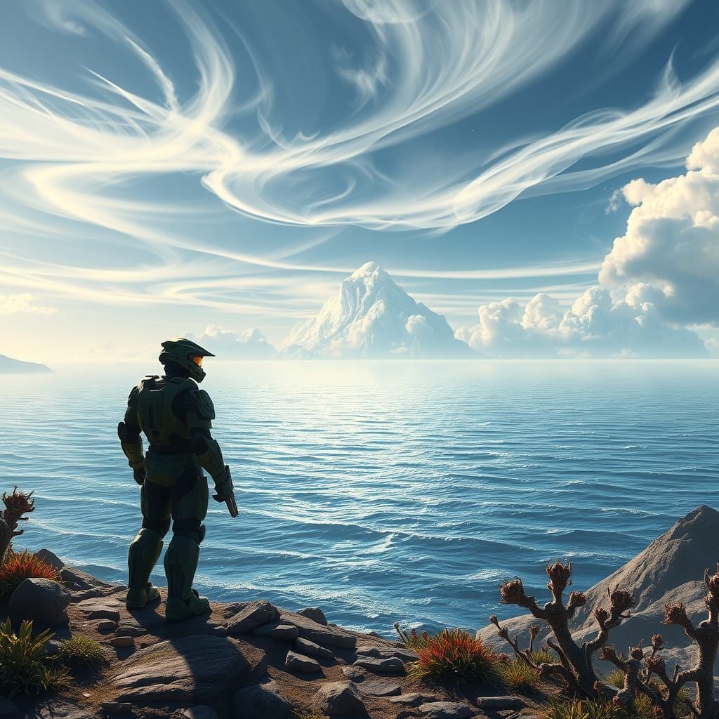Master Chief Gazes at Alien Ocean Shore