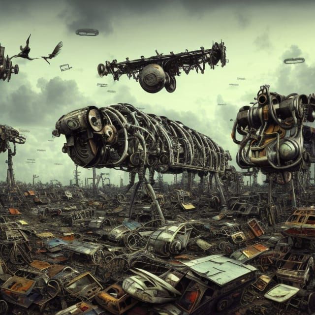 Surreal Robot Junkyard with Godrays and Clouds