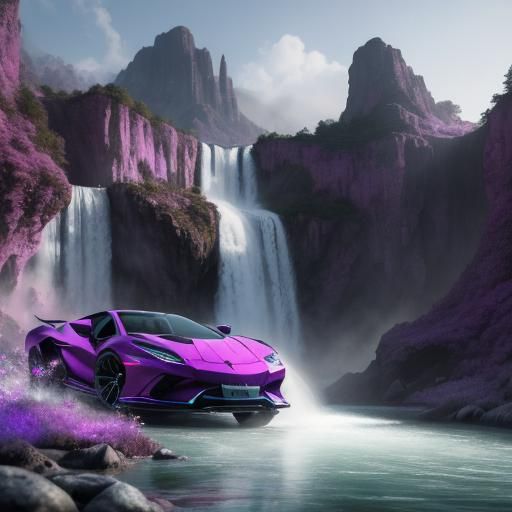 Purple Lamborghini in Crystalline Cave: Hyperrealistic Conce...