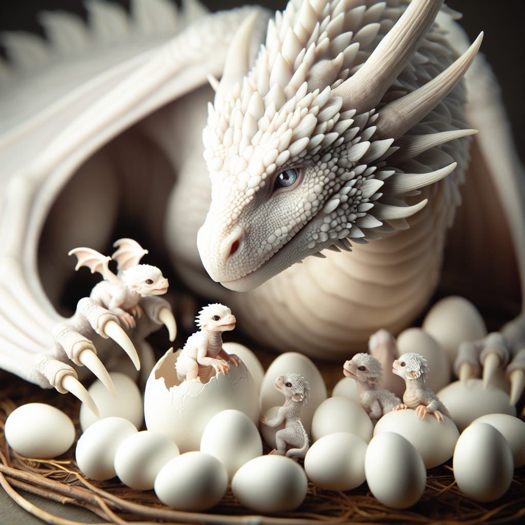 A female white dragon watching her eggs with love while they are hatching, and her tiny baby dragons are being born