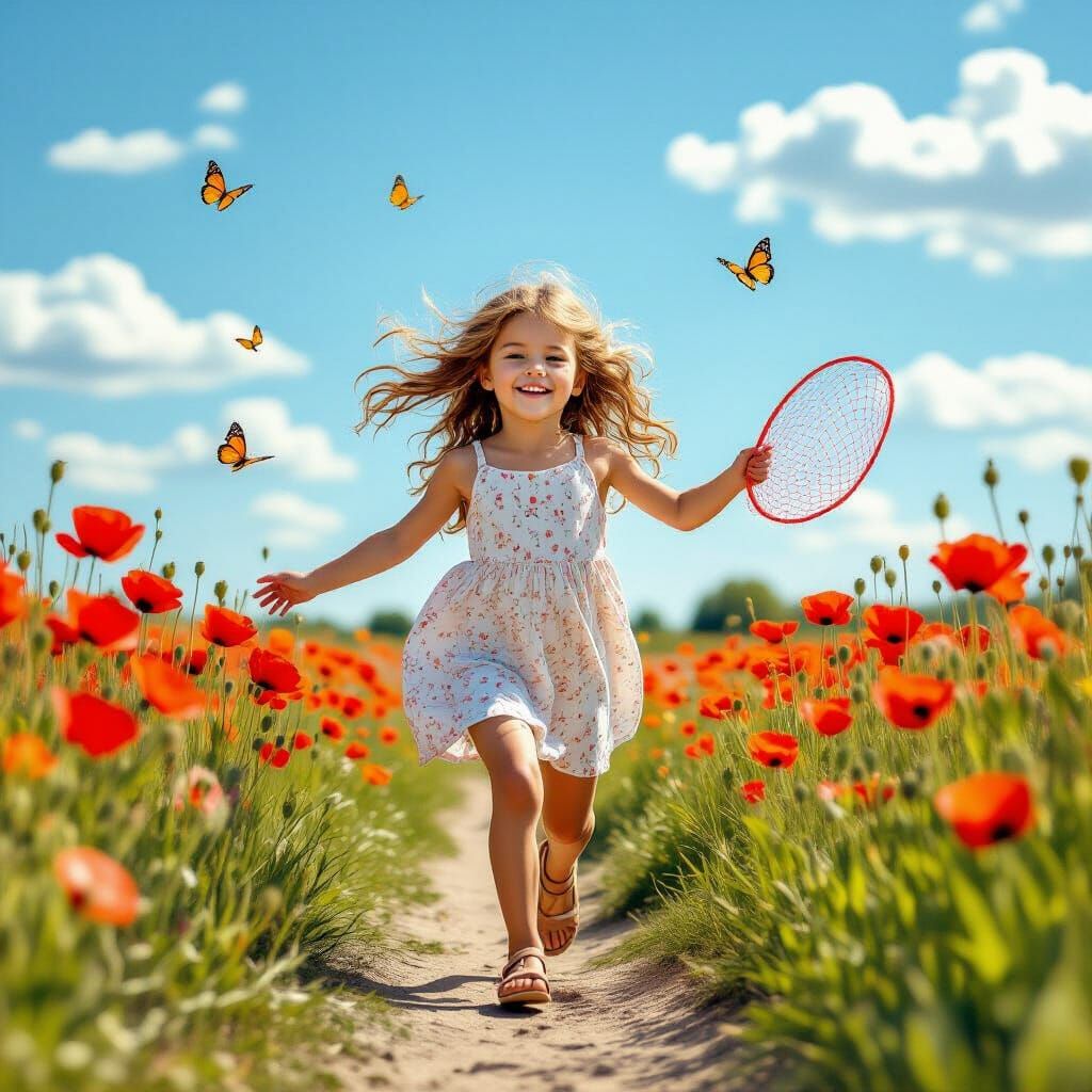 Girl Chasing Butterflies in Poppy Field