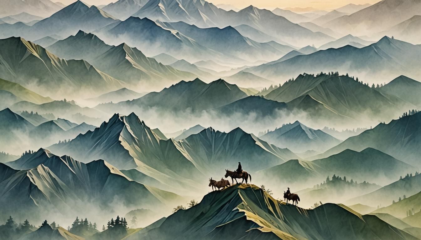 Romantic Landscape with Donkey Rider in Origami Style