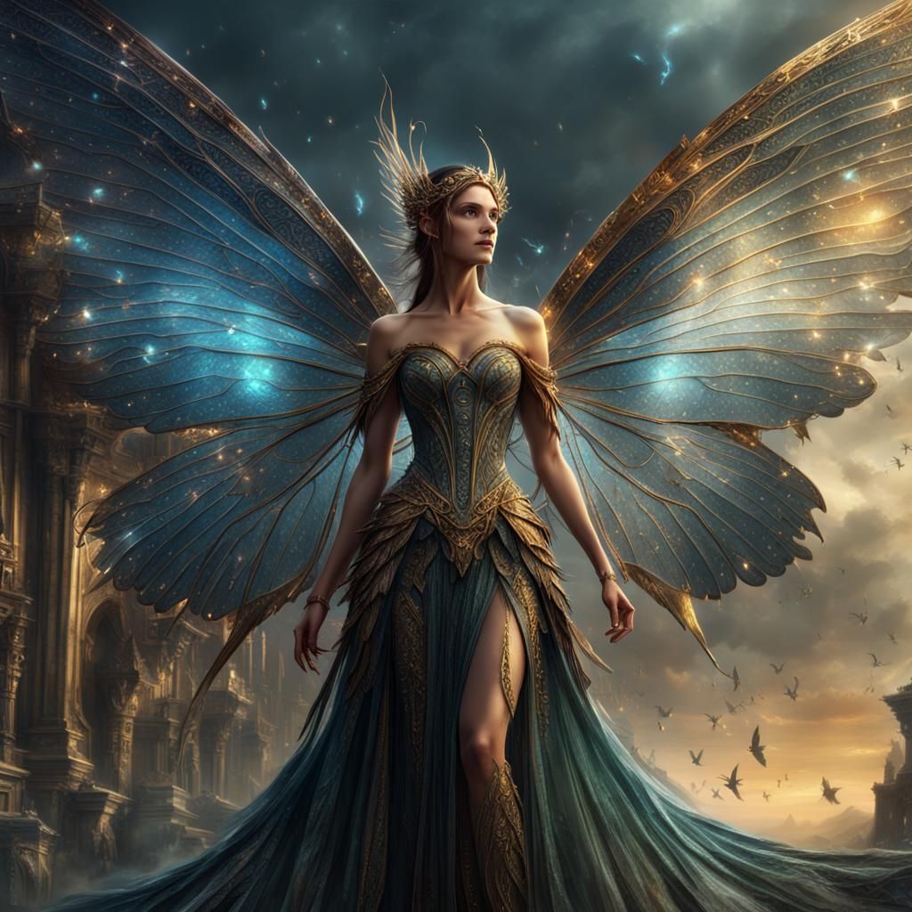 Powerful Fairy with Shimmering Wings in Digital Painting