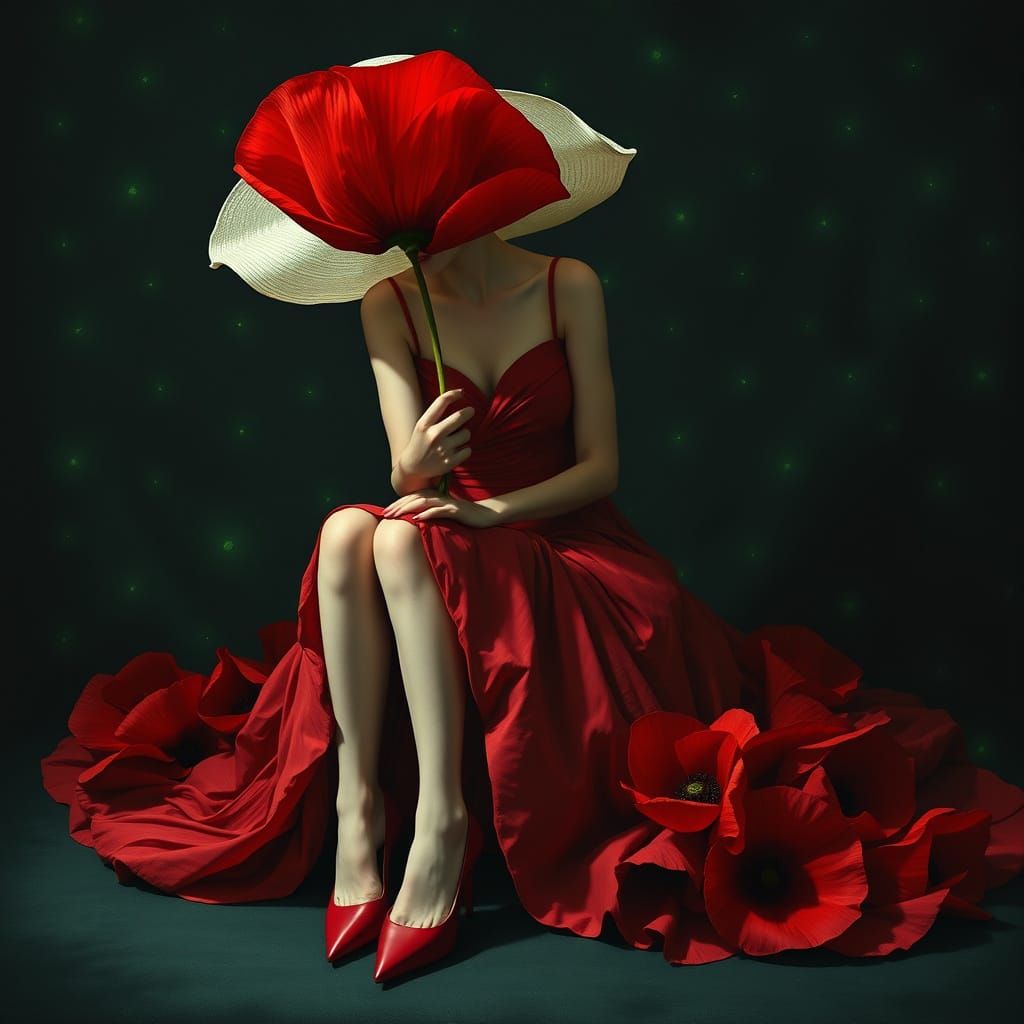 Ethereal Figure in Red Poppy Dress, Dark Fantasy Art
