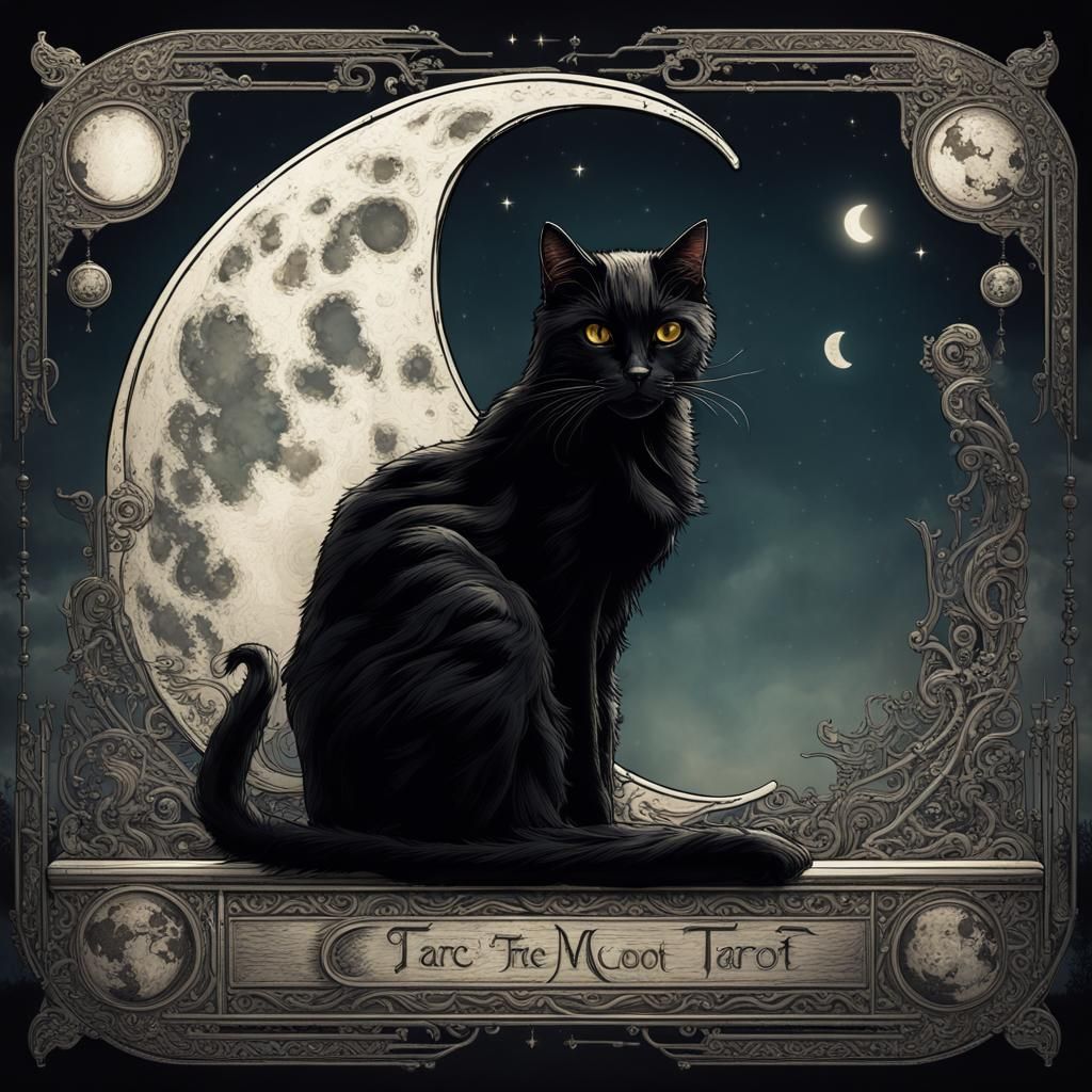 Black Cat and Moon Tarot Card Illustration
