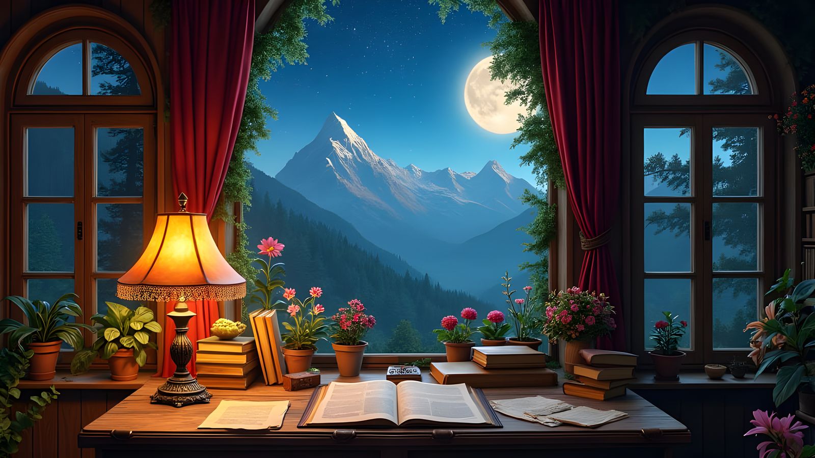Intimate Study Under Starry Night Sky with Cozy Ambiance