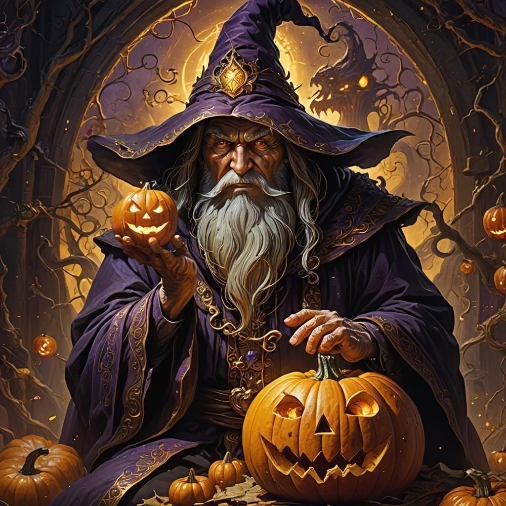 Wizard and Pumpkin in Dark Fantasy Style